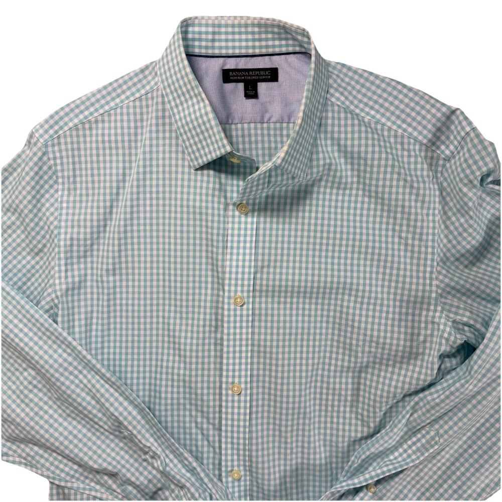 Banana Republic Button Up Shirt Mens Large White Turquoise Non Iron Slim Fit